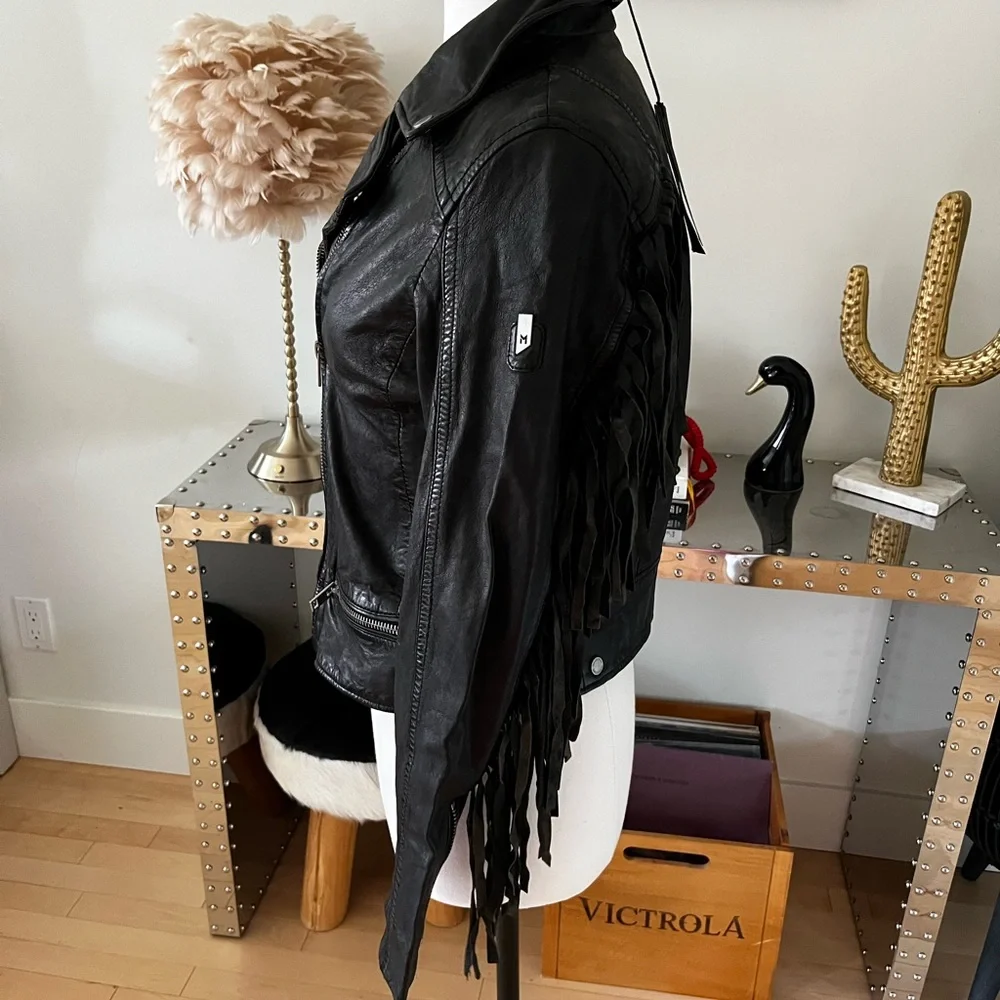 Mauritius (purchased online from Free People) Black Leather Zoey Fringe Jacket - Picture 5 of 14